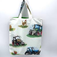 Kindergartentasche/Kinderbeutel aus cremeweißem Baumwollstoff mit Traktoren, handgemacht Bild 2