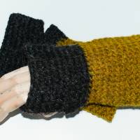 Handwärmer, Armstulpen aus handgefärbter Schurwolle, schwarz-gelb, Nadelbinden Bild 1
