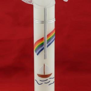Kommunionkerze Regenbogen und Segelschiff in elfenbein, handverziert, Kommunionkerze mit Namen und Datum, für Jungen und Bild 1