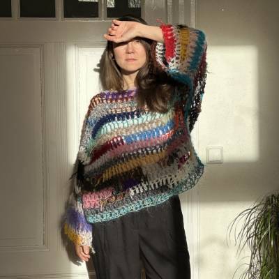 crochet Mohairsweater, Gehäkelter Sweater aus Mohair Resten und anderen Garnen