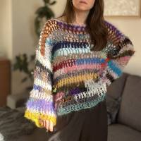 crochet Mohairsweater, Gehäkelter Sweater aus Mohair Resten und anderen Garnen Bild 3