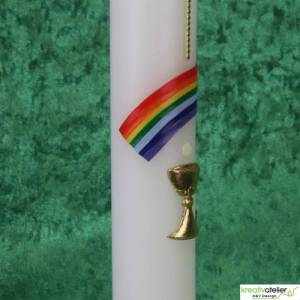 Kommunionkerze Regenbogen, Kreuz und Kelch, gold, handverziert, Kommunionkerze mit Namen und Datum, Kommunionkerze Junge Bild 8