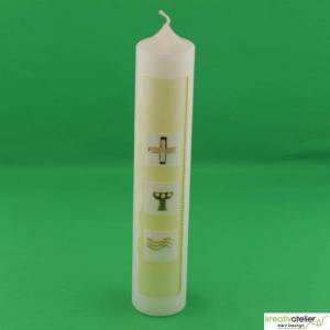 Kommunionkerze grün/gold mit Kreuz, Kelch und Wasser auf weißen Kacheln, handverziert, Kommunionkerze mit Namen und Datu Bild 4