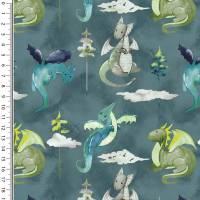 Stoff Baumwolle Jersey Drachen Design petrol grün grau blau bunt Kinderstoff Kleiderstoff Bild 1