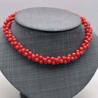 Vintage Halskette Kette Kugelkette dreireihig gedreht Kunststoff Knallrot Rot Ballform 70er Jahre Retro für Party Bild 1