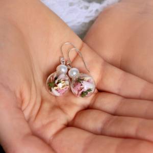 Silber Ohrringe Rosenblätter und Moos mit Perlen / 925 / Geschenk für Verliebte / Geschenk für Sie / Beste Freundin / Ve Bild 3