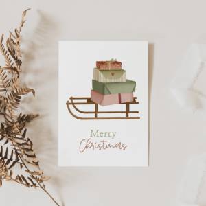 Weihnachtskarte Schlitten mit Geschenken - weihnachtliche Grußkarte Weihnachtsschlitten Weihnachtskarte - Grußkarte Weih Bild 1