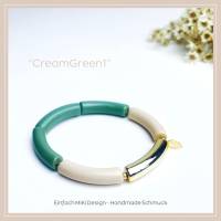 Tube Armband "CreamGreen1". Armband aus Acryl Röhrenperlen. Creme, Grün, Gold. Handgefertigt. Bild 1