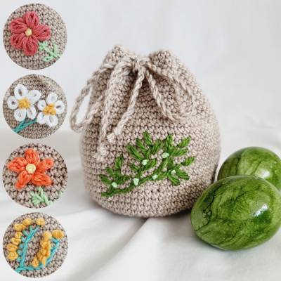 Handgehäkelter Geschenkbeutel mit individueller Stickerei - Ostern