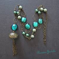 Bettelkette lang grün bronzefarben mit Quaste Bettel Kette Glasperlen Perlenkette Bild 2