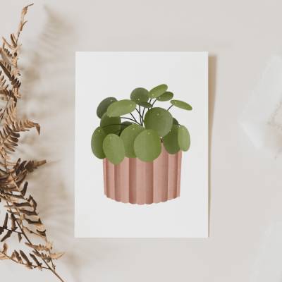Postkarte Pflanze Pilea Topfpflanze Zimmerpflanze Botanische Grußkarte - Dankeskarte neutral Boho Plant Lover Illustrati