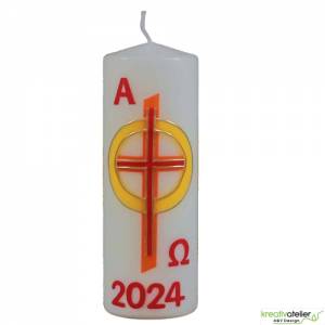 Strahlende christliche Osterkerze mit rot-orangenem Kreuz, gelb-goldenem Sonnenkreis und Alpha & Omega Bild 3