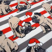 Stoff Baumwolle French Terry Sweatshirtstoff Weihnachten Hunde Mops braun beige rot weiß bunt gestreift Kleiderstoff Bild 1