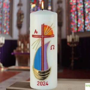 Strahlen der Hoffnung - Handgefertigte Osterkerze mit Kreuz, Segelschiff, Sonne, Alpha&Omega, Osterkerze religiös Bild 1