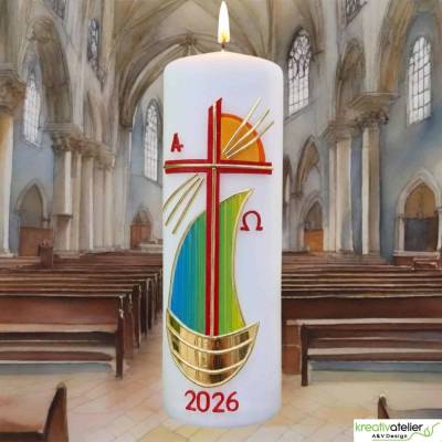 Strahlen der Hoffnung - Handgefertigte Osterkerze mit Kreuz, Segelschiff, Sonne, Alpha&Omega, Osterkerze religiös
