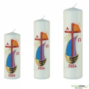 Strahlen der Hoffnung - Handgefertigte Osterkerze mit Kreuz, Segelschiff, Sonne, Alpha&Omega, Osterkerze religiös Bild 2