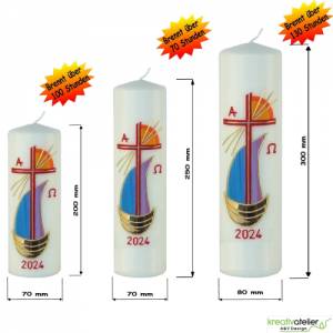 Strahlen der Hoffnung - Handgefertigte Osterkerze mit Kreuz, Segelschiff, Sonne, Alpha&Omega, Osterkerze religiös Bild 3