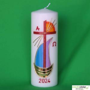 Strahlen der Hoffnung - Handgefertigte Osterkerze mit Kreuz, Segelschiff, Sonne, Alpha&Omega, Osterkerze religiös Bild 4