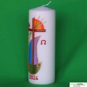 Strahlen der Hoffnung - Handgefertigte Osterkerze mit Kreuz, Segelschiff, Sonne, Alpha&Omega, Osterkerze religiös Bild 6