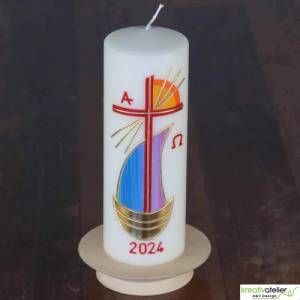 Strahlen der Hoffnung - Handgefertigte Osterkerze mit Kreuz, Segelschiff, Sonne, Alpha&Omega, Osterkerze religiös Bild 7