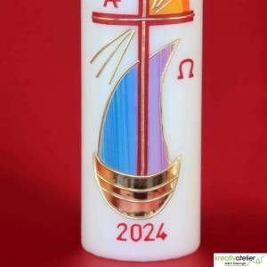 Strahlen der Hoffnung - Handgefertigte Osterkerze mit Kreuz, Segelschiff, Sonne, Alpha&Omega, Osterkerze religiös Bild 8