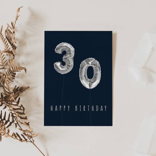 Geburtstagskarte 30. Geburtstag Zahlen-Ballon - Postkarte A6 - Zahlenballon Geburtstagskarte - Karte zum 30. Geburtstag