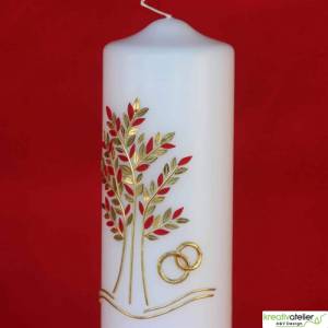Ewige Verbindung - Handgefertigte Hochzeitskerze mit Lebensbaum in Rubin/Gold und Eheringen, 25 x 8 cm, Traukerze Bild 5