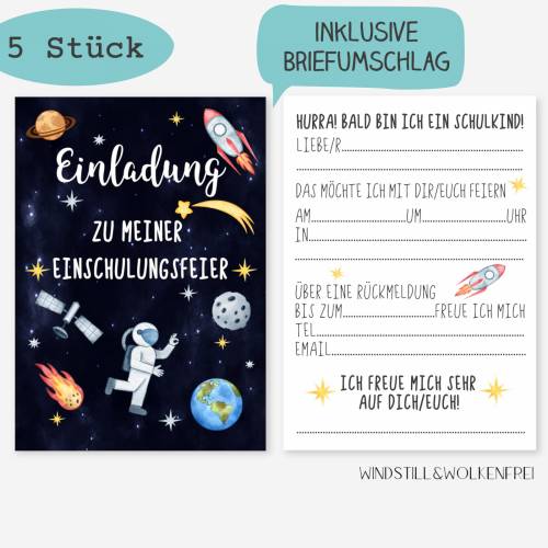 Einladung zur Einschulungsfeier Einschulungsparty Einschulung Schulkind Weltall Astronaut Jungen 10 Stück