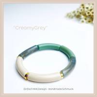 Tube Armband "CreamyGrey". Armband aus Acryl Röhrenperlen. Creme, Grün, Grau, Gold. Handgefertigt. Bild 1