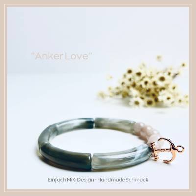Tube Armband "Anker Love". Armband aus Acryl Röhrenperlen. Grau Marmoreffekt, Naturstein Perlen, Anker. Handgefe