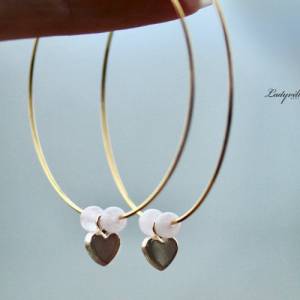 Creolen Rosenquarz Herz feine Perlen Ohrringe mit Edelsteinen als romantisches Geschenk Bild 1