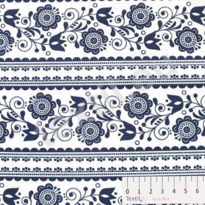 Baumwolldruck, Blumenranken in Bordüren, weiß-dunkelblau, 150 cm breit, Meterware, Preis pro 0,5 lfdm