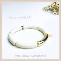 Tube Armband "Mrs. ShinyGold". Armband aus Acryl Röhrenperlen. Creme und Gold. Handgefertigt. Bild 1