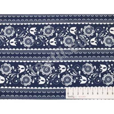 Baumwolldruck, Blumenranken in Bordüren, dunkelblau-weiß, 150 cm breit, Meterware, Preis pro 0,5 lfdm