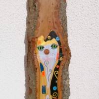 Des Künstlers Katze - wie Klimt, Tiermalerei Acryl auf Naturholz, Weißtanne heimisch, ca. 100 cm hoch, handgemalt Bild 1