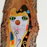 Des Künstlers Katze - wie Klimt, Tiermalerei Acryl auf Naturholz, Weißtanne heimisch, ca. 100 cm hoch, handgemalt Bild 2