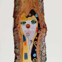 Des Künstlers Katze - wie Klimt, Tiermalerei Acryl auf Naturholz, Weißtanne heimisch, ca. 100 cm hoch, handgemalt Bild 3