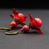 Blüten Ohrringe, rot, antik bronze, Blumen Bild 1