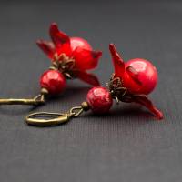 Blüten Ohrringe, rot, antik bronze, Blumen Bild 2