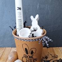 "Frohe Ostern" Geschenkset im Becher ~ Stabkerze mit Kerzenständer, Deko Hase und Herz Bild 1