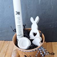 "Frohe Ostern" Geschenkset im Becher ~ Stabkerze mit Kerzenständer, Deko Hase und Herz Bild 2