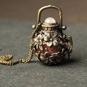 Vintage Medaillon Weidekätzchen / Antik Bronze Prayerbox / Geschenk für Sie / Rosenquarz Kette / Retro Schmuck / Origine Bild 3