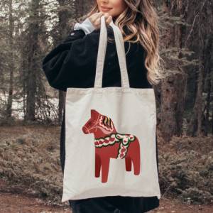 Stofftasche Dalapferd Schweden Jutebeutel - Bibliothektasche Sweden Horse - Geschenk Jutetasche Weihnachten - Geschenk Bild 4