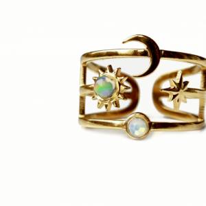 Opal Ring Mond himmlisch mit Sonne Mond und Sterne als Astrologie schmuck oder Himmelskörper Ring Bild 5