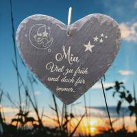 Schieferplatte Herz, Grabschmuck personalisiert, Gedenktafel, Bärchen mit Mond und Sterne Bild 1