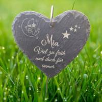 Schieferplatte Herz, Grabschmuck personalisiert, Gedenktafel, Bärchen mit Mond und Sterne Bild 2