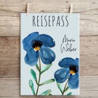 Reisepasshülle mit Namen, Reisepasstasche, personalisierte Reisepass Hülle blaue Blumen Bild 1