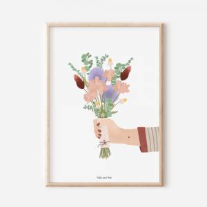 Poster Blumenstrauß Poster Hand mit Blumenstrauß - Kunstdruck Blumen - Geschenk zum Einzug Bild 1