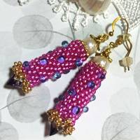 Ohrringe pink lila Glasperlen polka dots handgestickt handgemacht Bild 1