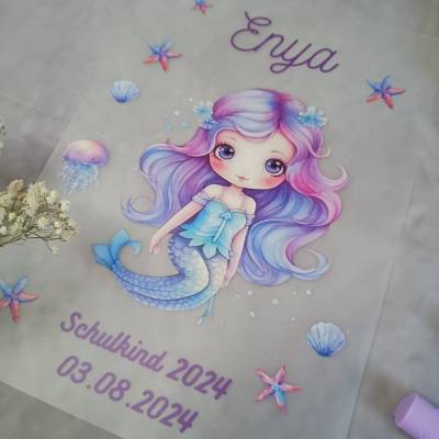 Bügelbild Meerjungfrau Lila für Schultüte mit Namen / Datum